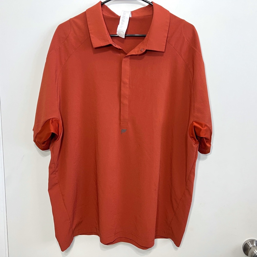 Fabletics Polo Shirt Mens XL Orange Short Sleeve Snap Button‎ Athletic